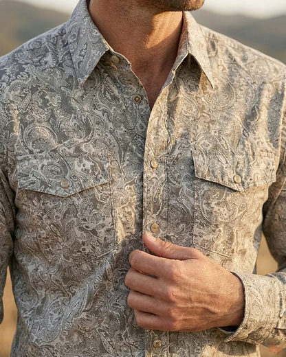 Wesley Men's Premium Cotton Western Snaps Long Sleeves Shirts with Stretch: Grey