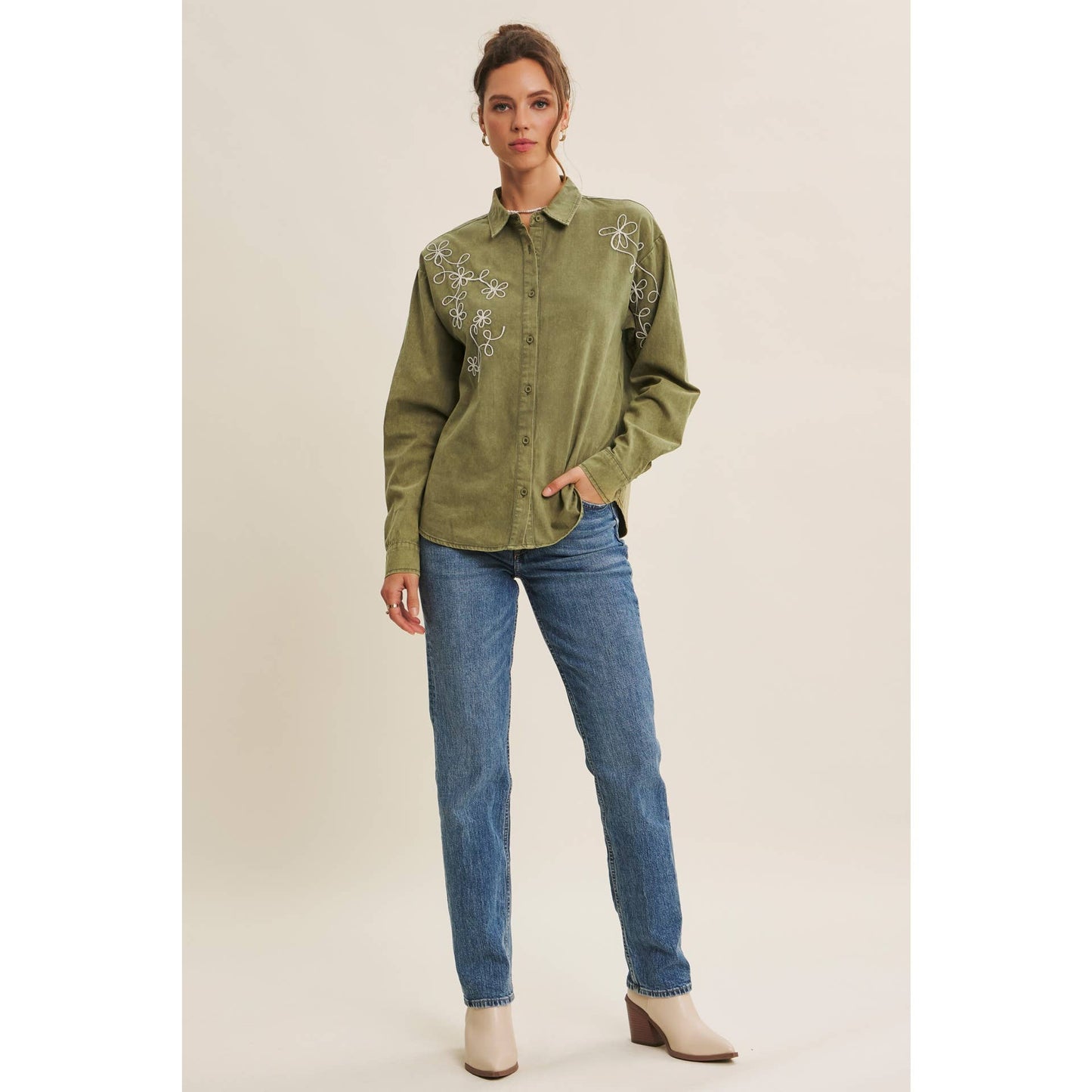 Rusting Elegance Mineral-Washed Embroidered Cotton Top: Olive