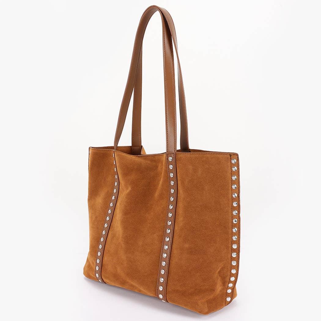 Imogen Studded Faux Suede Tote Bag: Camel