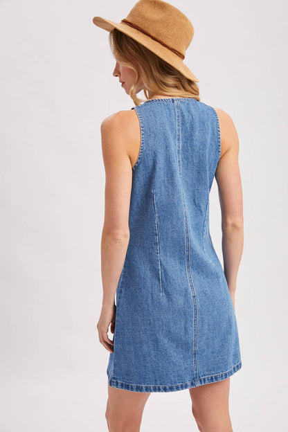 Blythe Denim Button Down Sleeveless Mini Dress: Med Wash