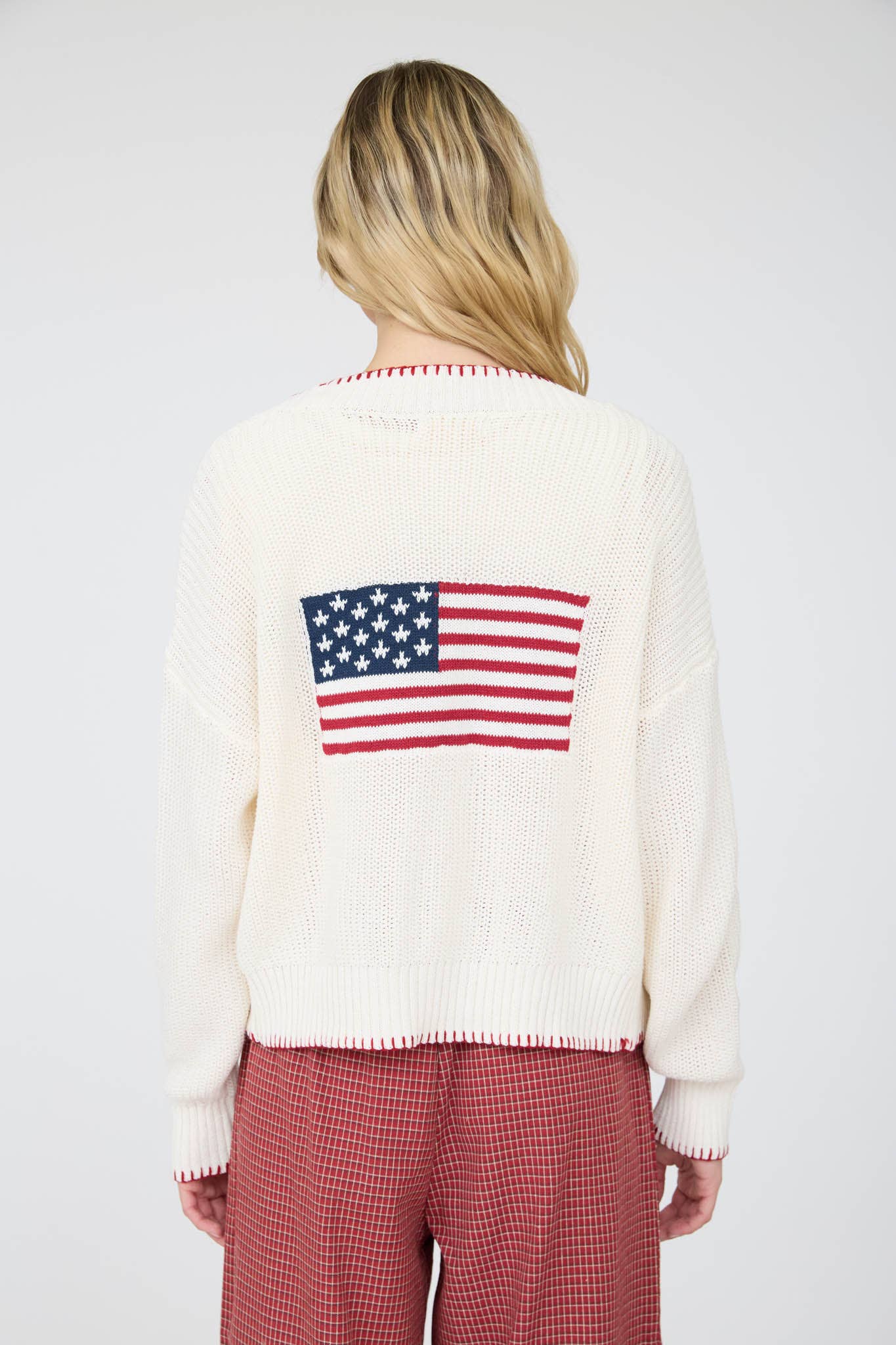 AMERICAN FLAG CONTRAST STITCH KNIT CARDIGAN: IVORY