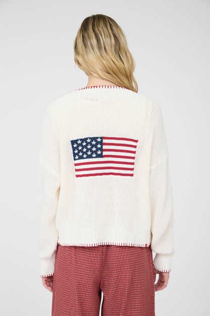 AMERICAN FLAG CONTRAST STITCH KNIT CARDIGAN: IVORY