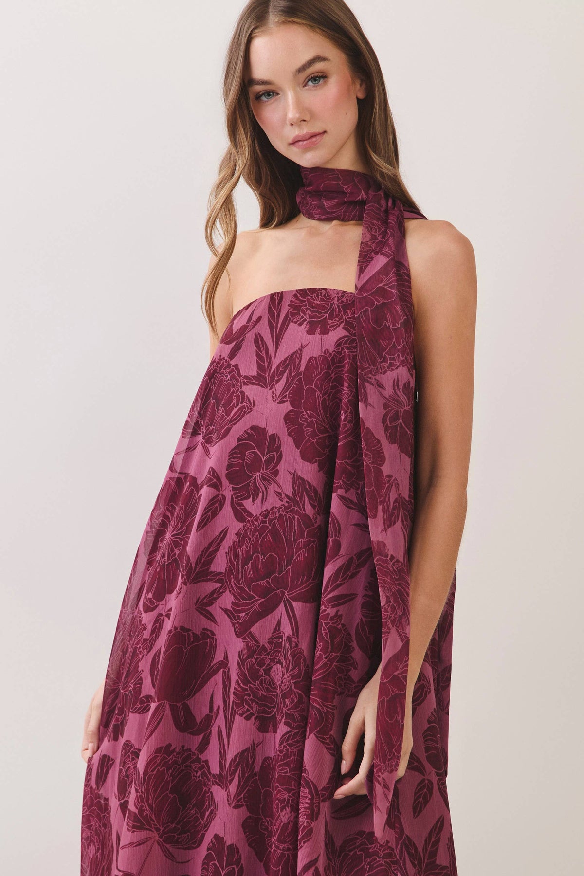 Serena Strapless Floral Scarf Maxi Dress: Burgundy