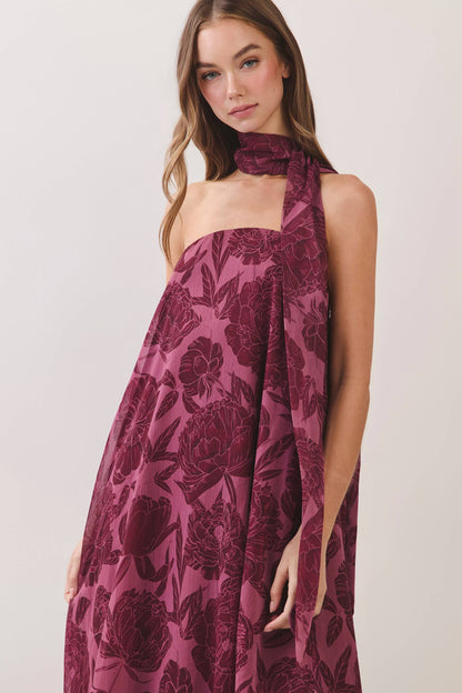 Serena Strapless Floral Scarf Maxi Dress: Burgundy