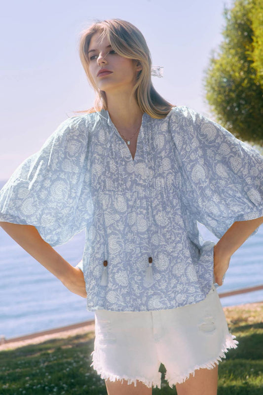 Della Printed Peasant Top : Boho Powder Blue