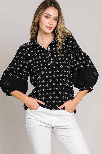 Esme Bracelet Sleeve with Eyelet lace trim blouse: Black
