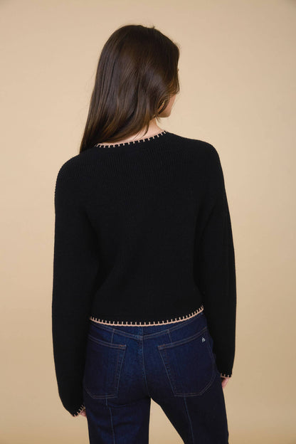 Julie Contrast Stitch Trim Button Down Knit Cardigan: Black