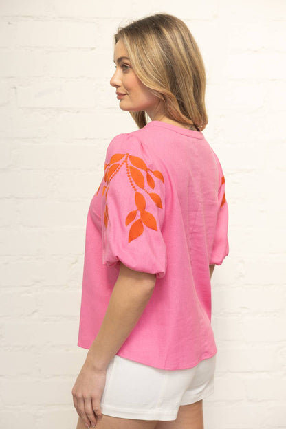 Posie Floral Embroidered Bubble Sleeve V-Neck Top: Pink