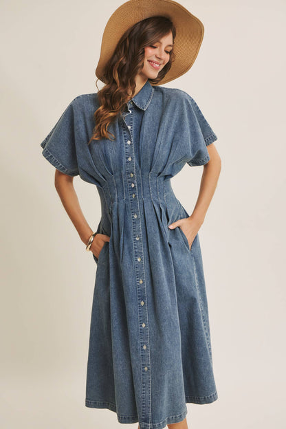 Caroline Stretchy Mineral-Washed Button-Down Pleated Denim Midi Dress: Light Wash