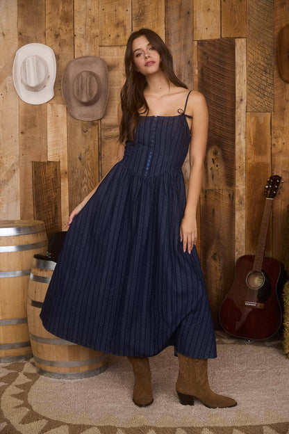 Ali Denim Stripe Front Hook Corset Midi Dress