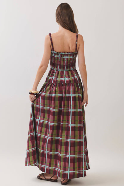 Adelia Plaid Smocked Tiered Maxi Dress: Burgundy