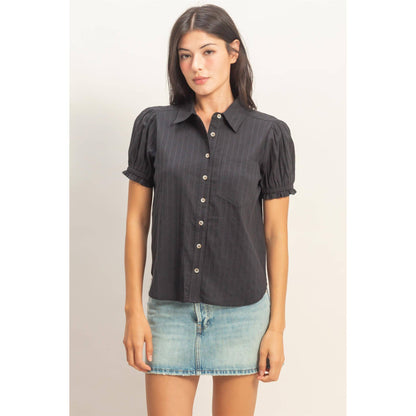 Carmen Button-Up Puff Short Sleeve Shirt: BLACK
