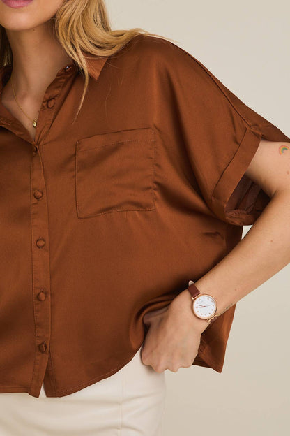 Tallulah Satin Boxy Button Down Blouse: Camel