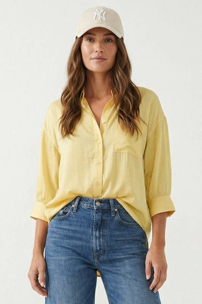 Foster Oversized 3/4 Sleeve Button Up Blouse: Pale Banana