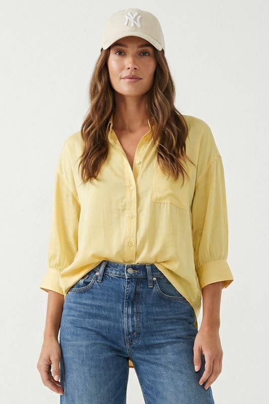 Foster Oversized 3/4 Sleeve Button Up Blouse: Pale Banana yellow