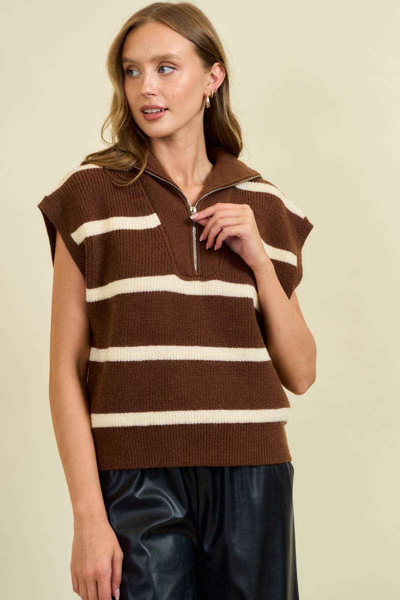 Lyric Striped Funnel Half Zip Sweater Vest: Chocolate