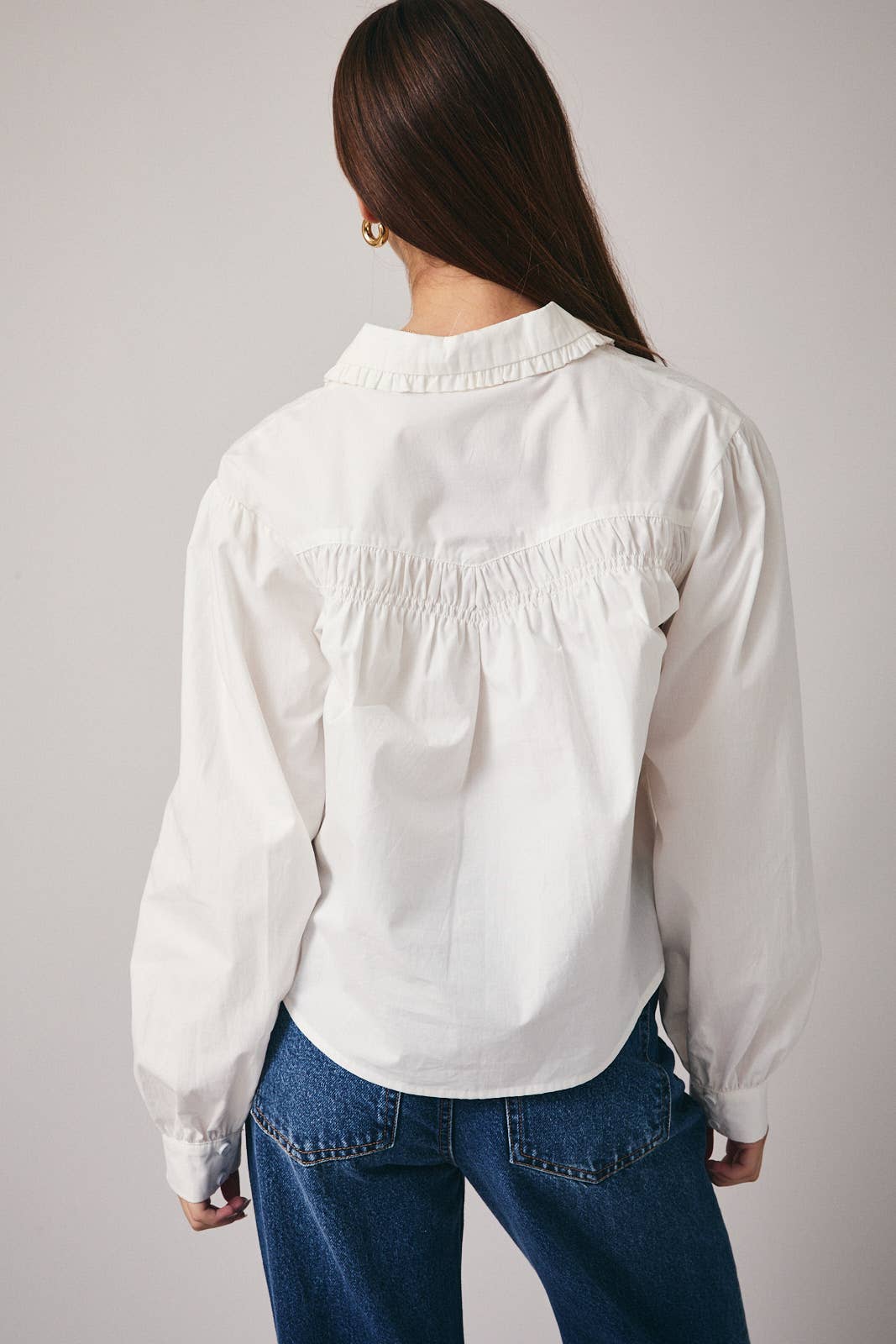 April Long Sleeve Shirring Detail Button Down Shirt: White