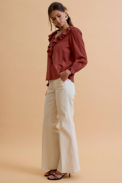 Chestnut Ruffled V-Neck Blouse Top