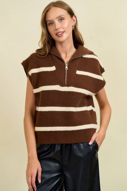 Lyric Striped Funnel Half Zip Sweater Vest: Chocolate