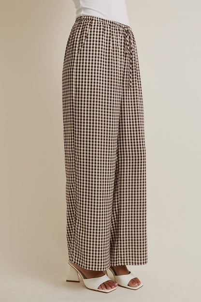 Ella Drawstring Wide Leg Check Pants: Brown-Cream Gingham