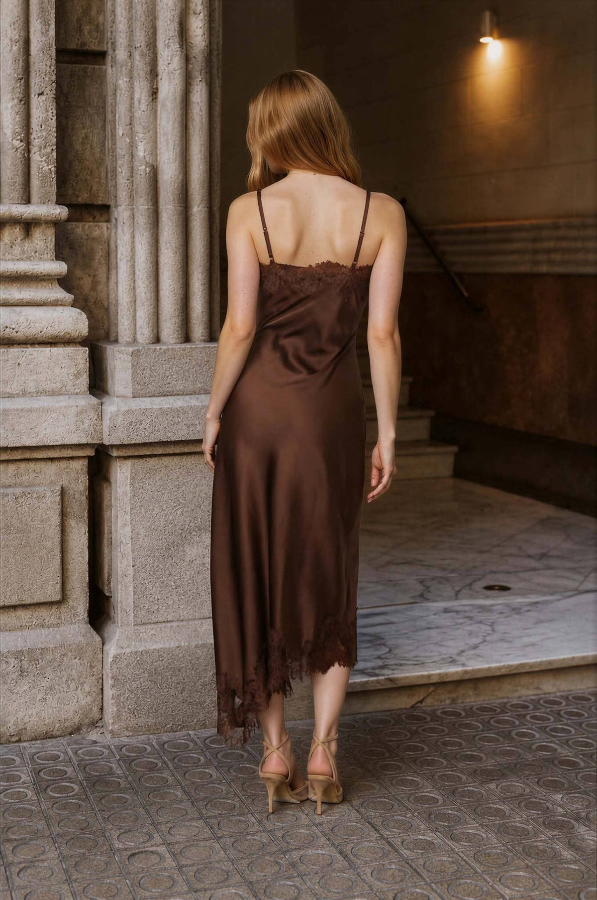 Rosalie V-Neck Lace-Trim Satin Midi Dress: Dark Brown