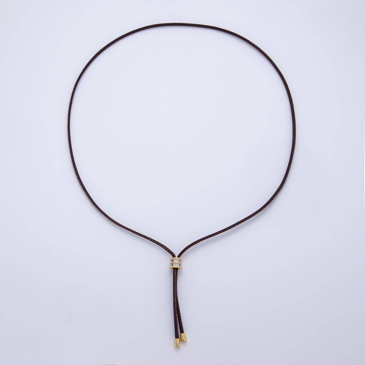 18K Gold Filled 3mm Dark Brown Leather Bolo Chain Baguette CZ Bead 18 Inch Necklace: Brown