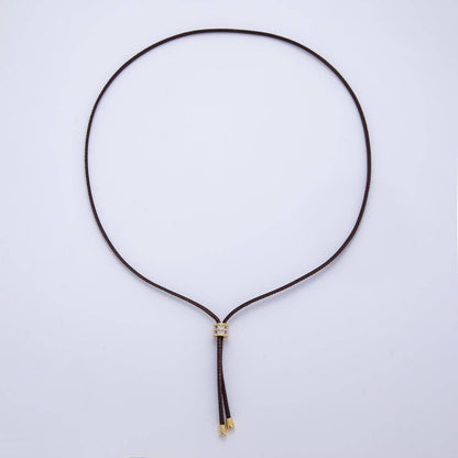 18K Gold Filled 3mm Dark Brown Leather Bolo Chain Baguette CZ Bead 18 Inch Necklace: Brown