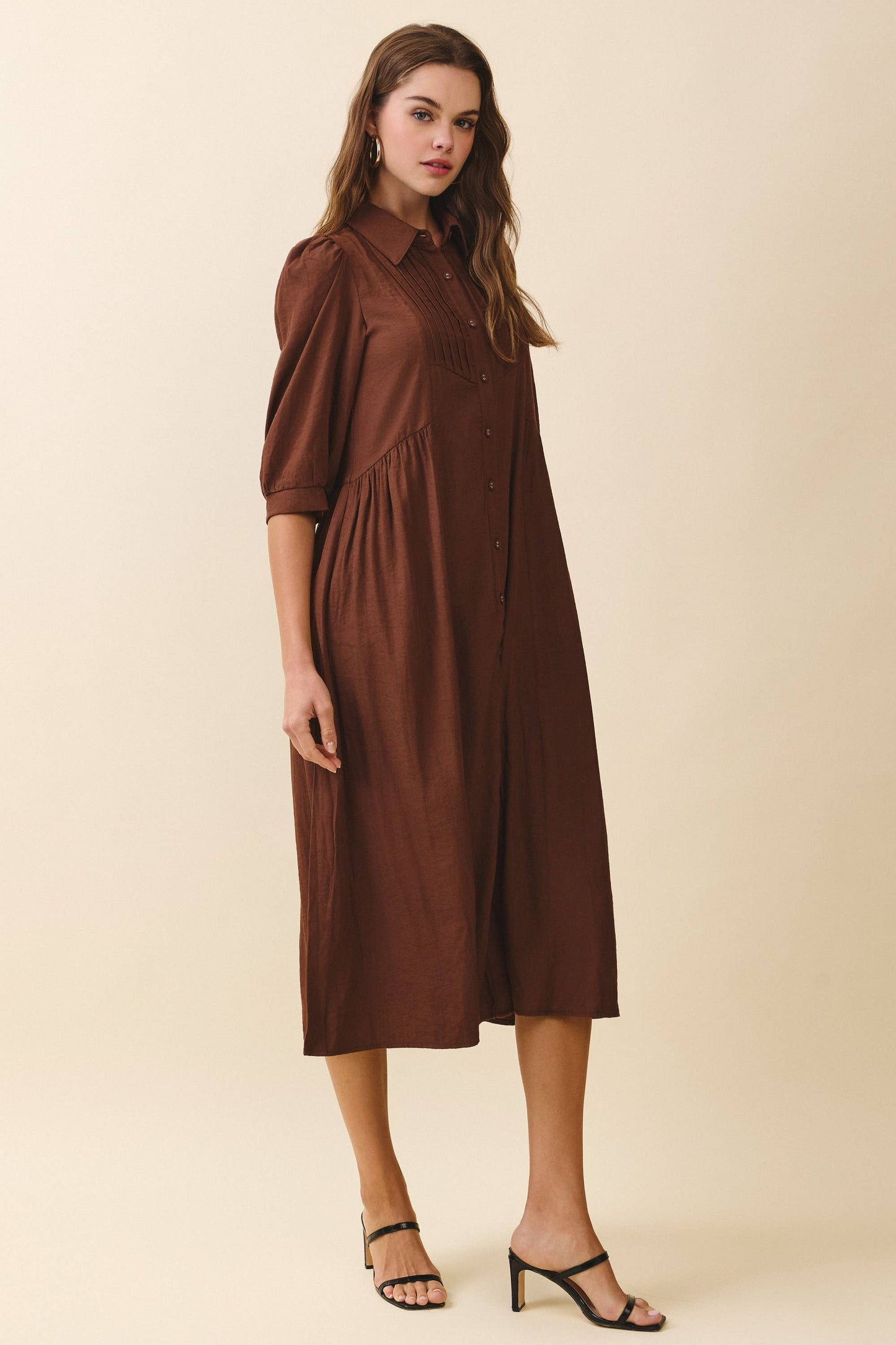 Pintuck Detail Collared Neck Button Down Mid Dress: Brown