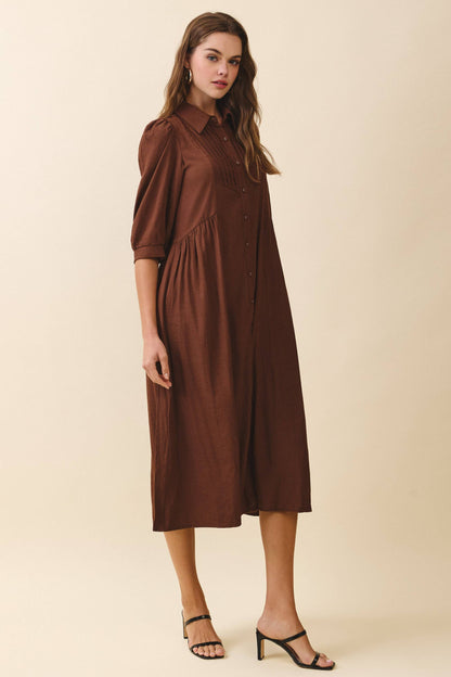 Pintuck Detail Collared Neck Button Down Mid Dress: Brown