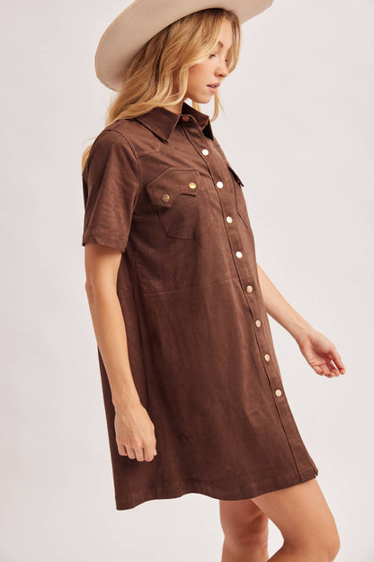 Cheyenne Collared Short Sleeve Faux Suede Mini Shirt Dress: Chocolate