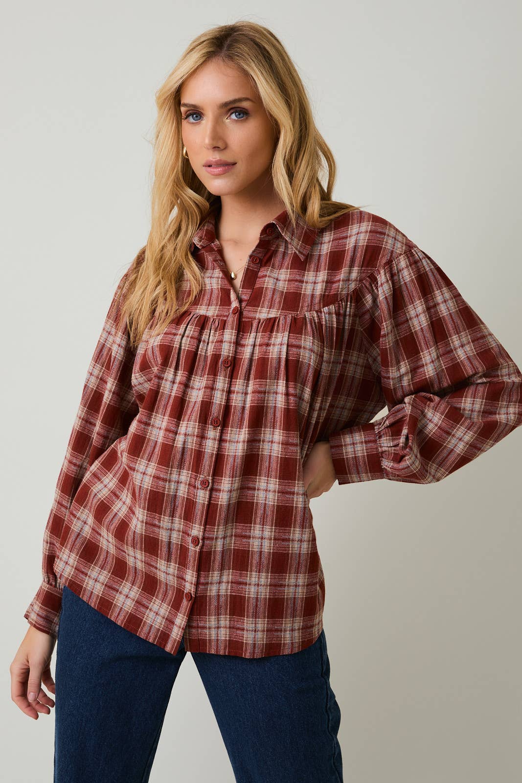 Maren Balloon Sleeve Button Up Plaid Flannel Shirt: Rust - multi Plaid