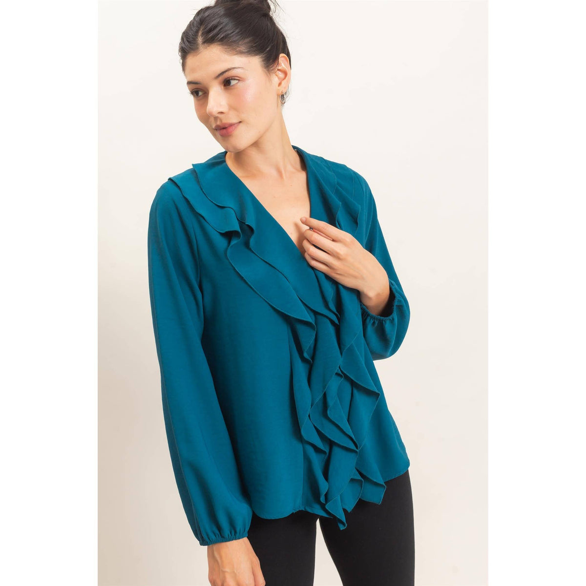 Ruffled V-Neck Button-Up Blouse: TEAL / S-M-L(2-2-2)