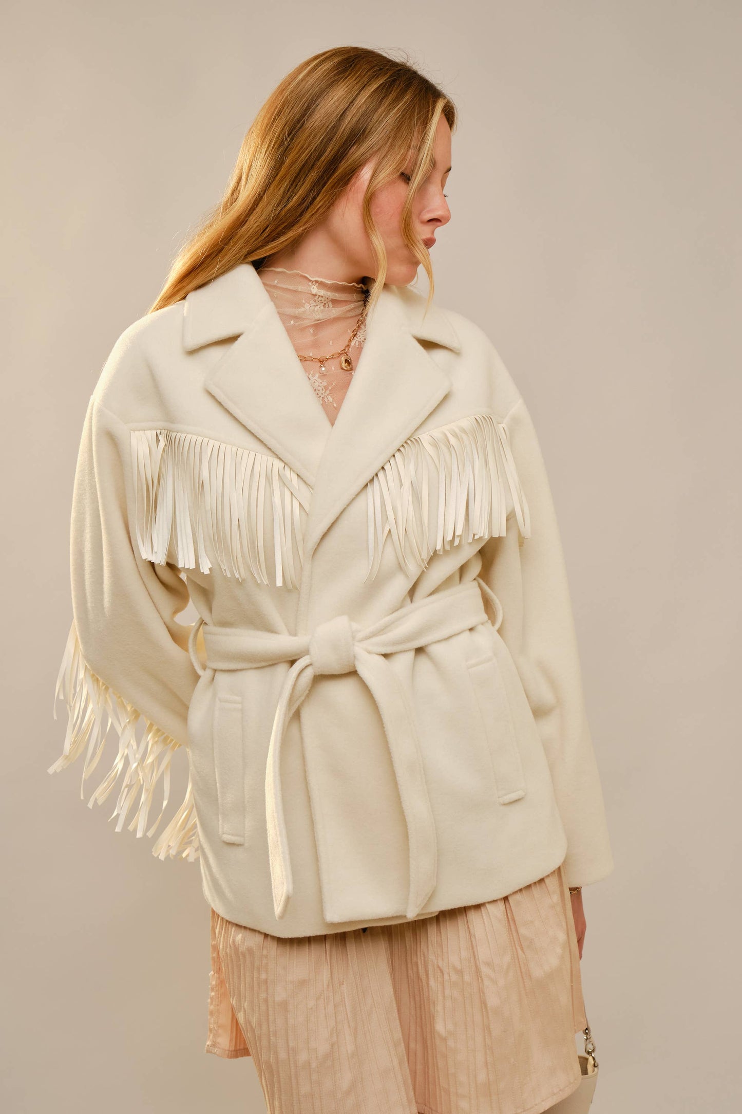 Westward Self Tie Belted Fringe Jacket: CREAM