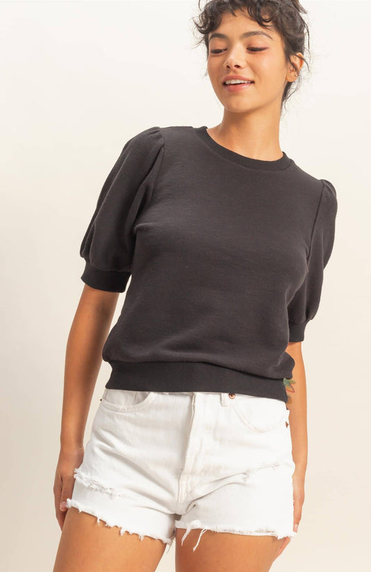 Piper Puff Short Sleeve Crew Neck Top: BLACK