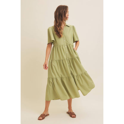 Savannah Flutter Sleeved Button-Down Shirt Midi Dress: Lt Olive