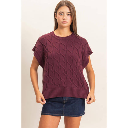 Sylvia Cable Knit Crew Neck Cap Sleeve Sweater: Dark Cherry