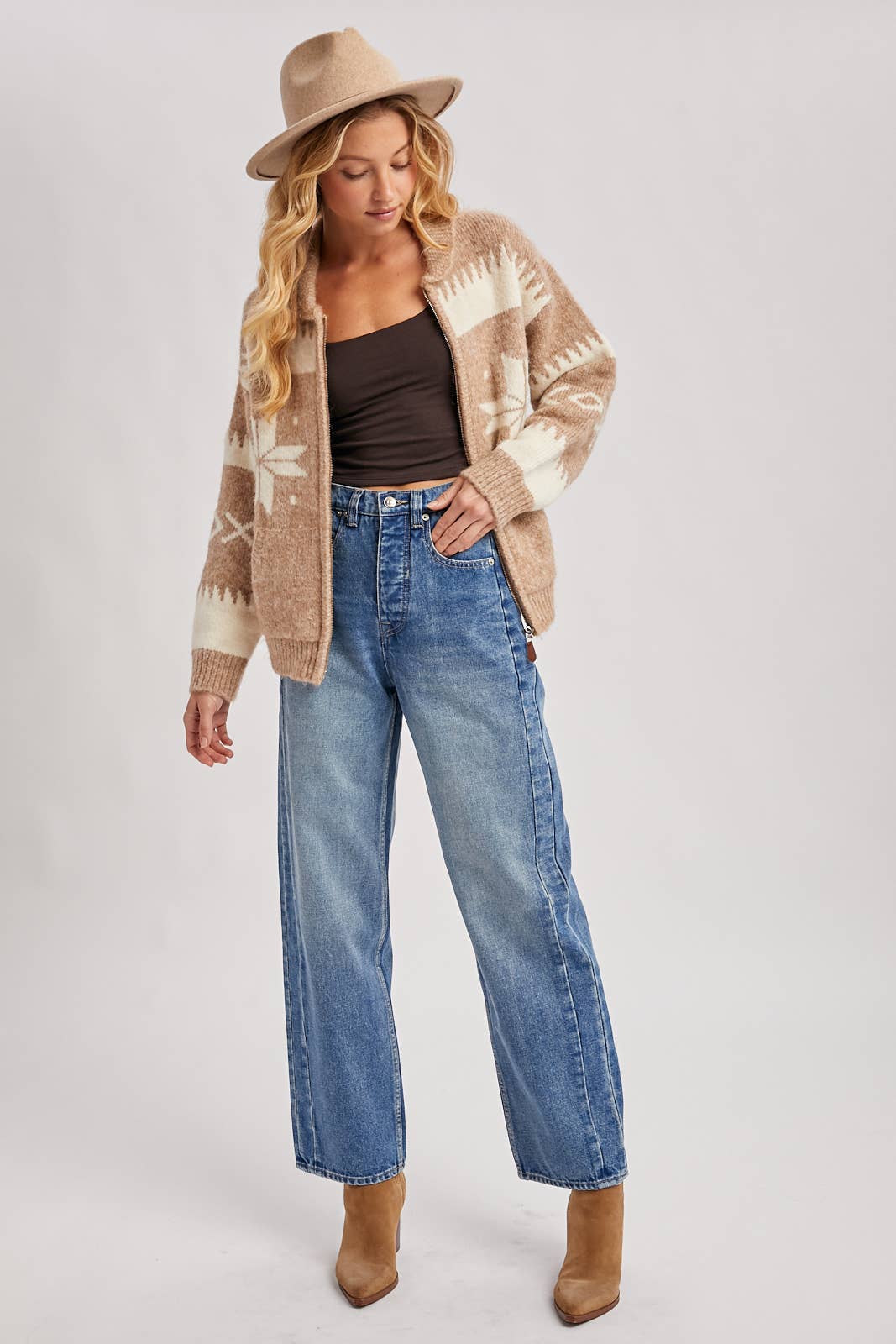 Fair Isle Fuzzy Knit Front Zipper Cardigan: Latte Combo