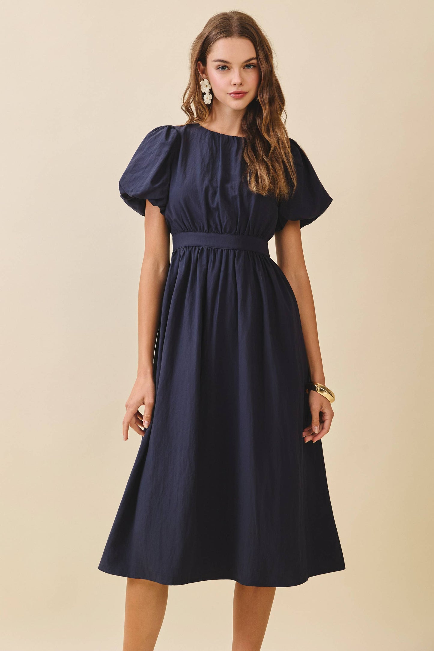 Voluminous Puff Sleeves Gathered Bodice Midi Dress: Navy