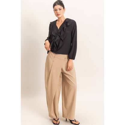 Ruffled V-Neck Button-Up Blouse: TEAL / S-M-L(2-2-2)