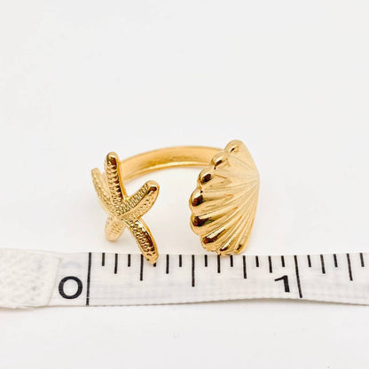 Starfish & Shell 18K Gold Plated Stainless Steel Ring