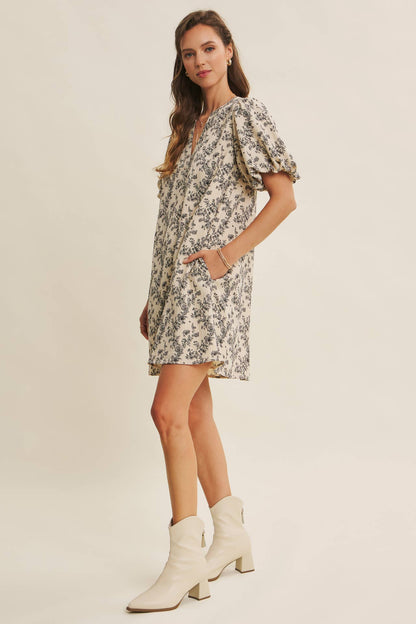 Patsy Textured Floral Mini A-Line Dress with Bubble Sleeves: Vanilla