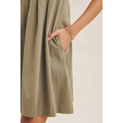 Easygoing Pleated Detail Mini Dress with Pockets: Olive