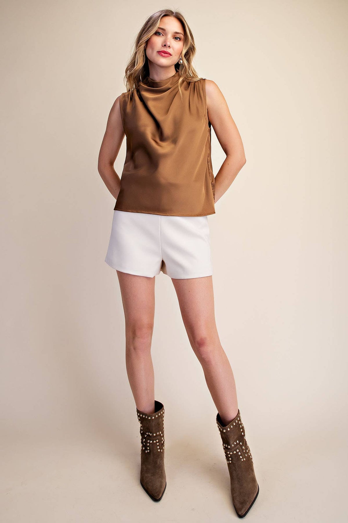 Esme Draped Mock Neck Sleeveless Satin Top: Mocha