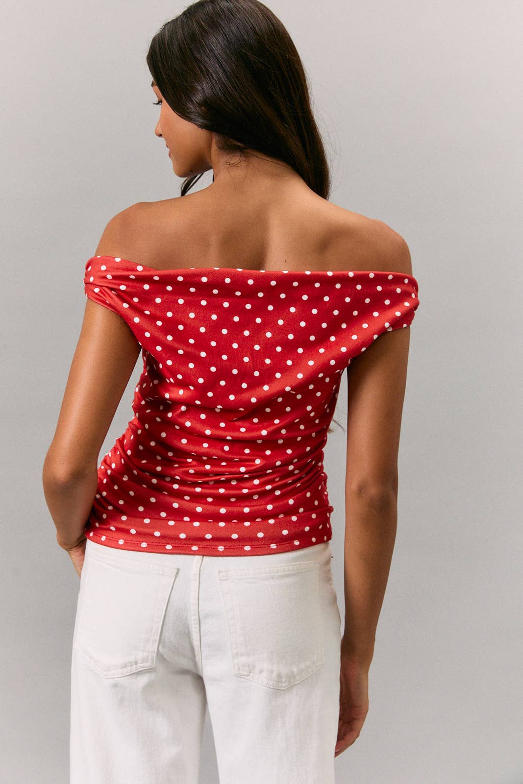 Luci Off Shoulder Top with Side Ruch: Red-White Polka Dot