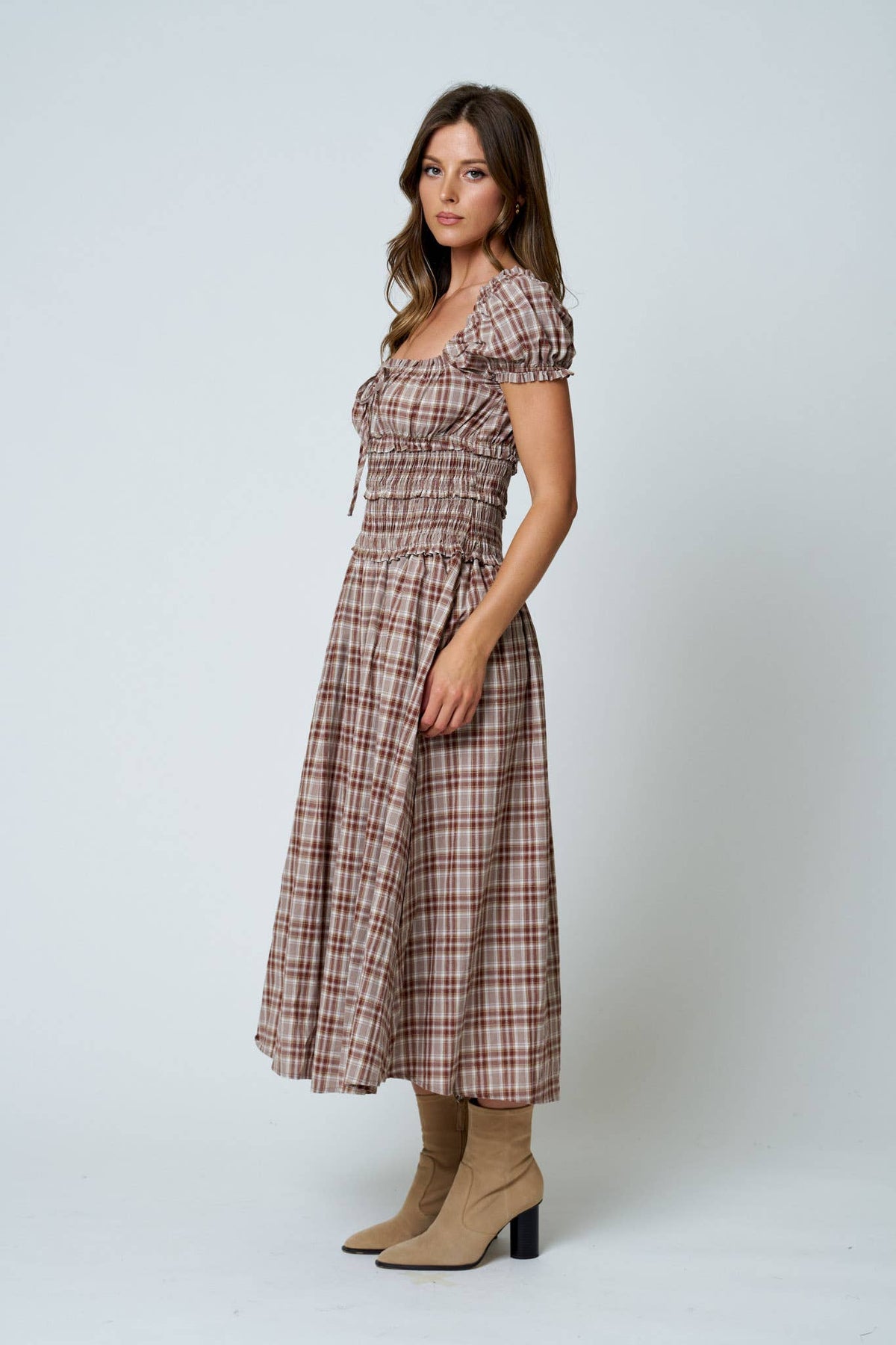 Maisie Plaid Puff Sleeve Smocked Waist A-Line Midi Dress: Khaki