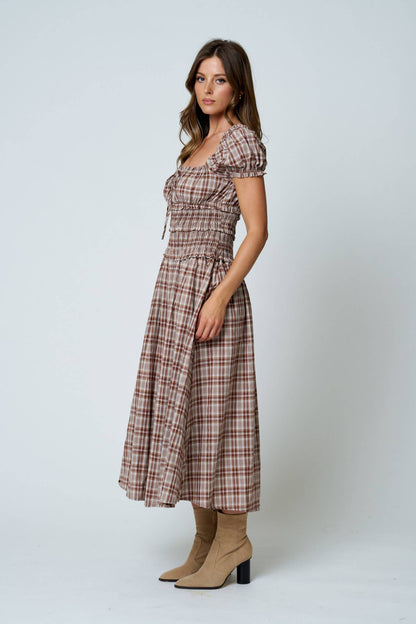 Maisie Plaid Puff Sleeve Smocked Waist A-Line Midi Dress: Khaki