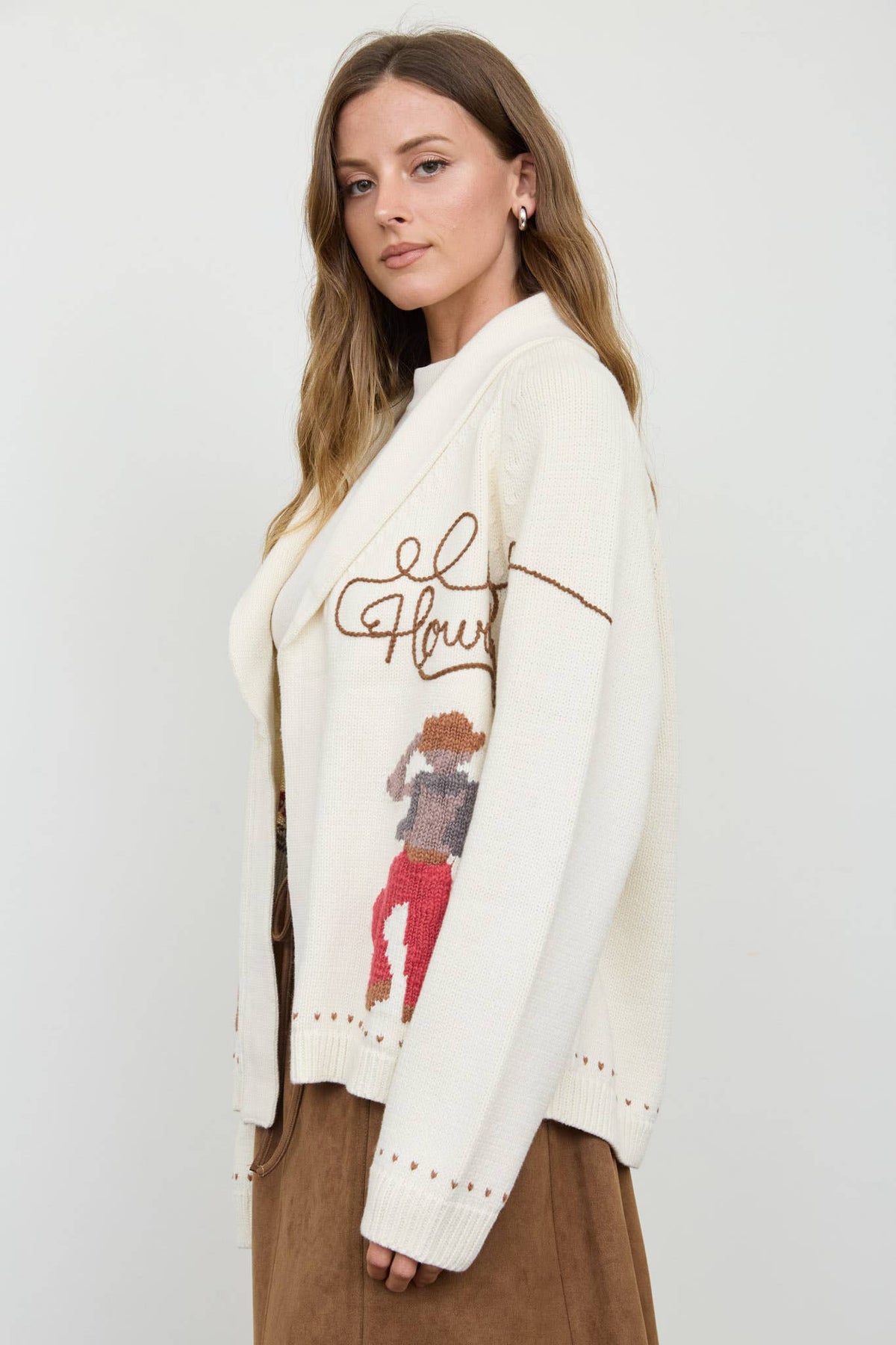 Lottie Howdy Cowboy Shawl Collar Knit Cardigan: Cream