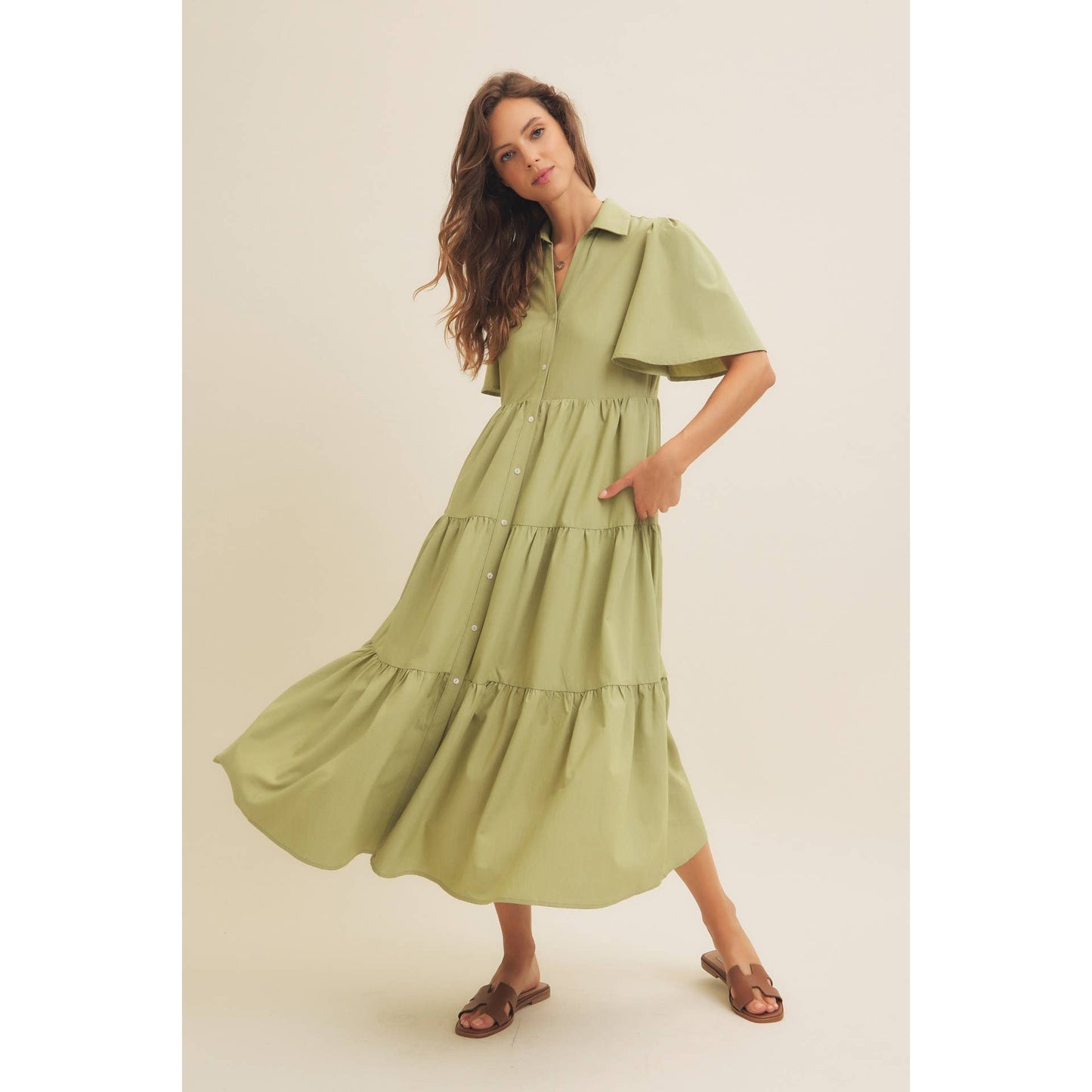 Savannah Flutter Sleeved Button-Down Shirt Midi Dress: Lt Olive