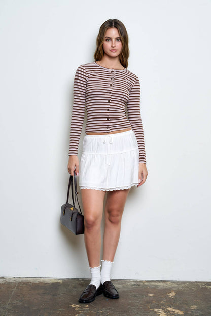 BUTTON DOWN CREW NECK STRIPED LONG SLEEVE KNIT TOP: BURGUNDY MULTI