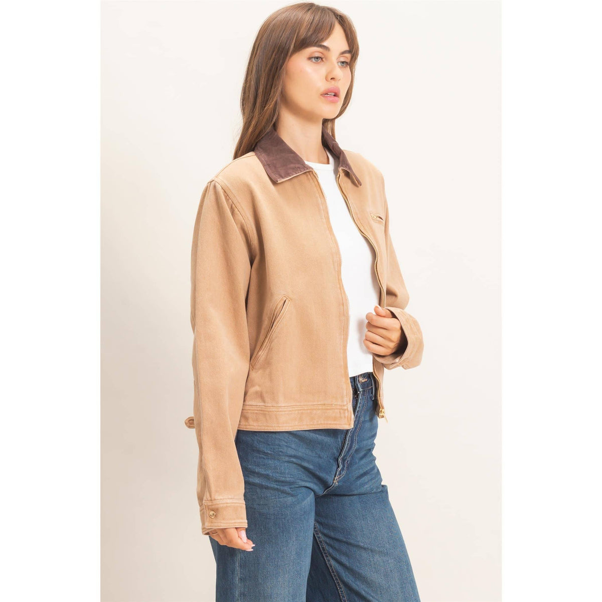 Twill Jacket With Corduroy Collar: DARK TAUPE